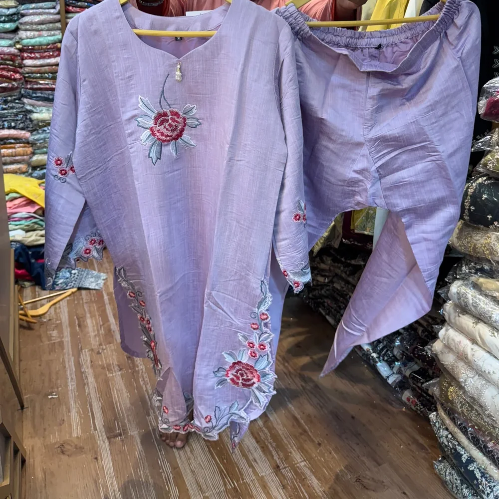 Embroidered Kurta and Pants Set in Lavender Cotton Linen - Textiles & Apparel by Ayzel Pvt. Ltd.