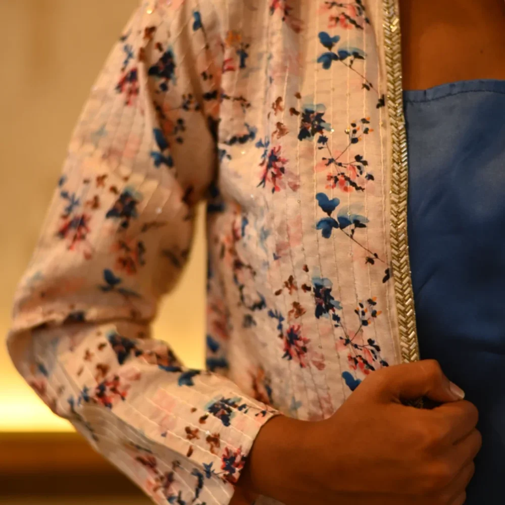 Printed Organza Silk Blend Short Open Jacket - Textiles & Apparel by Ivaayaa