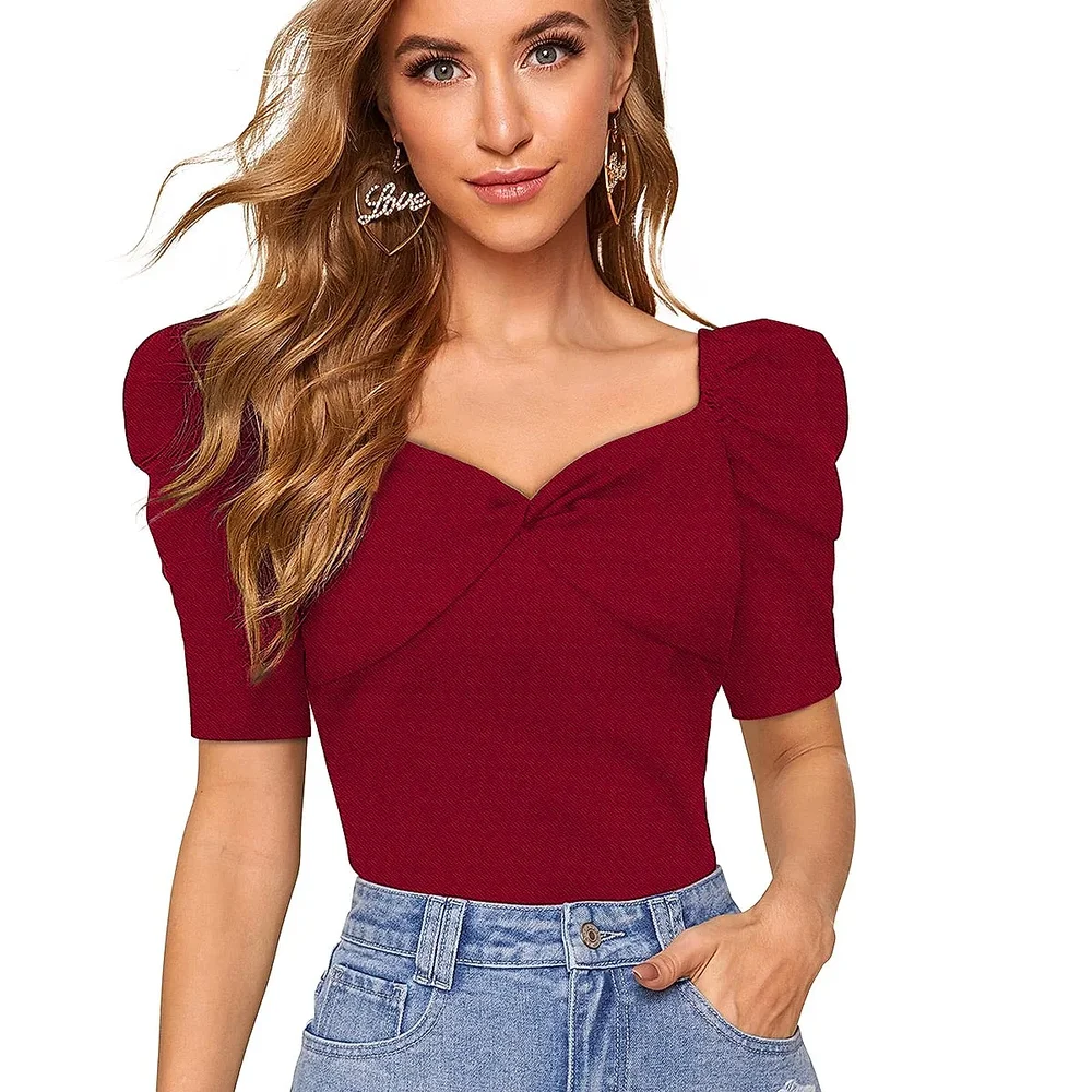 Maroon Sweet Heart Puff Sleeves T-shirt - Textiles & Apparel by Cara Exim