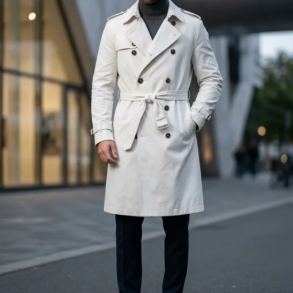 Men's Off-White Slim-Fit Double-Breasted Trench Coat - Textiles & Apparel by G M Apparels