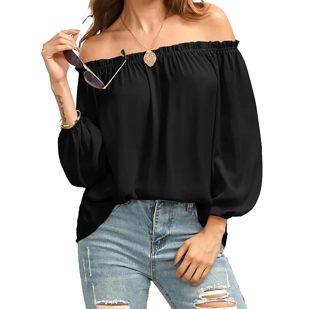 Black Round Neck Three Quarter Sleeve Crepe Top - Textiles & Apparel by Cara Exim