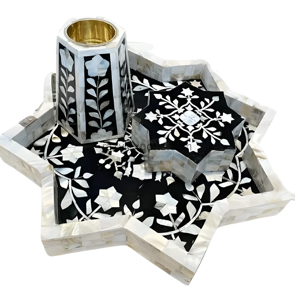 Black Mother of Pearl Inlay Star Shape Tray Set - Home & Kitchen by Razvi Exports