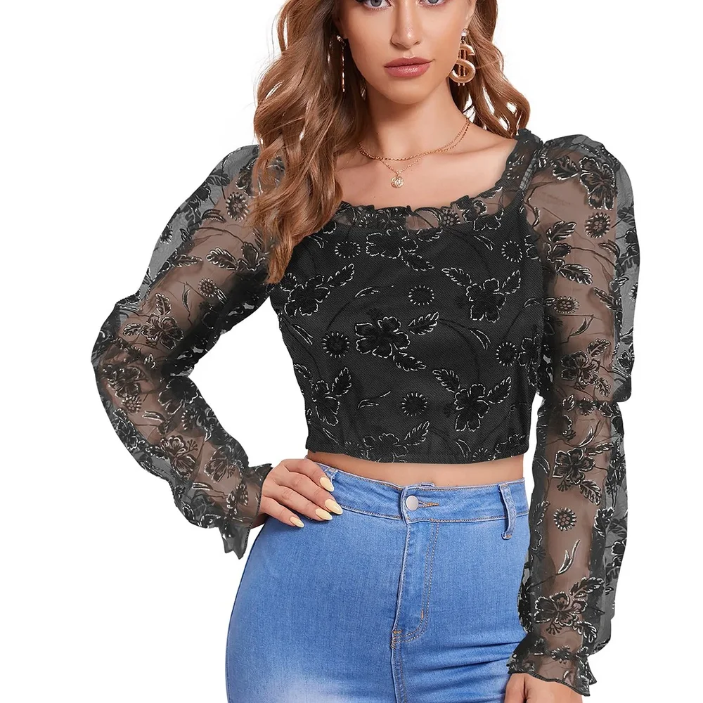 Black Full Sleeve Square Neck Crop Top - Textiles & Apparel by Cara Exim