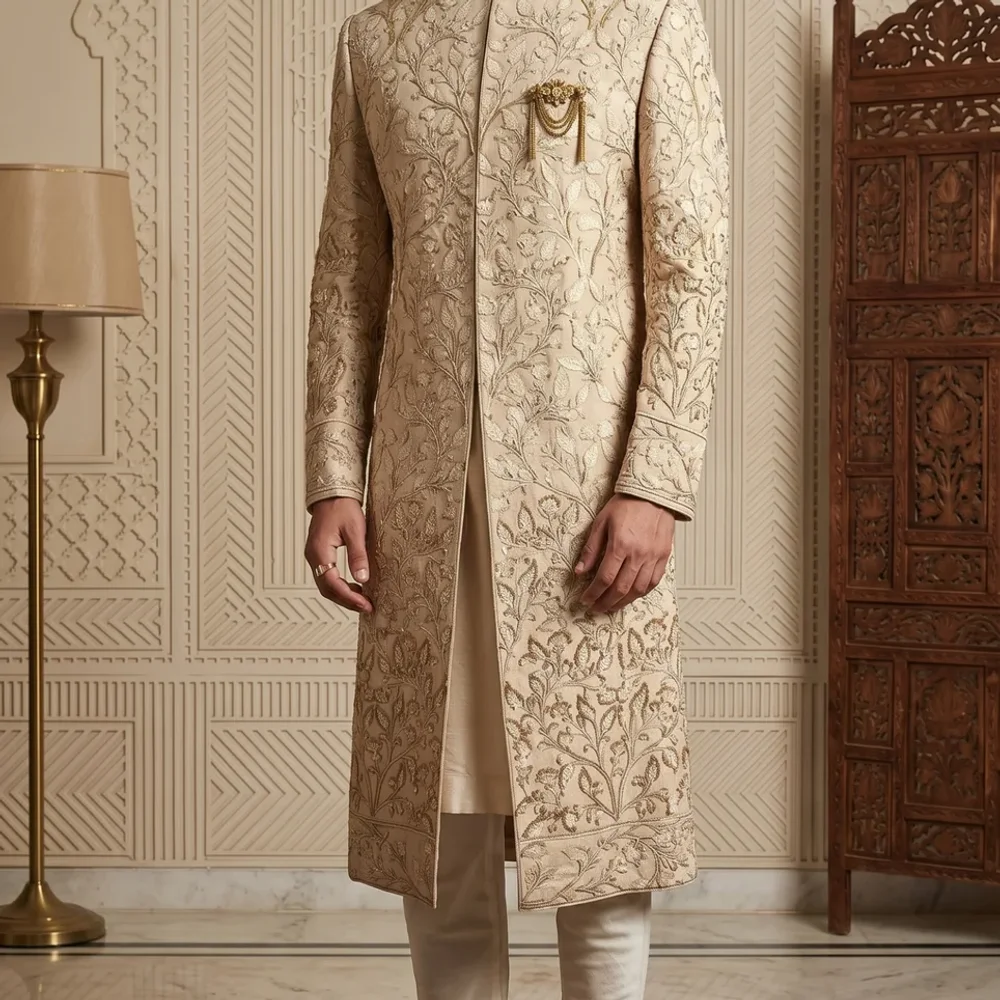 Champagne Gold Embroidered Sherwani - Textiles & Apparel by G M Apparels