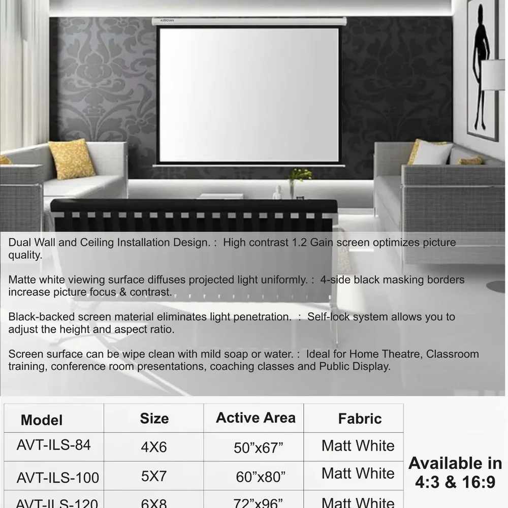 120 Inch 4:3 Manual Pull-Down Projection Screen - Electronics & Electrical by Audiovan Tech Mumbai