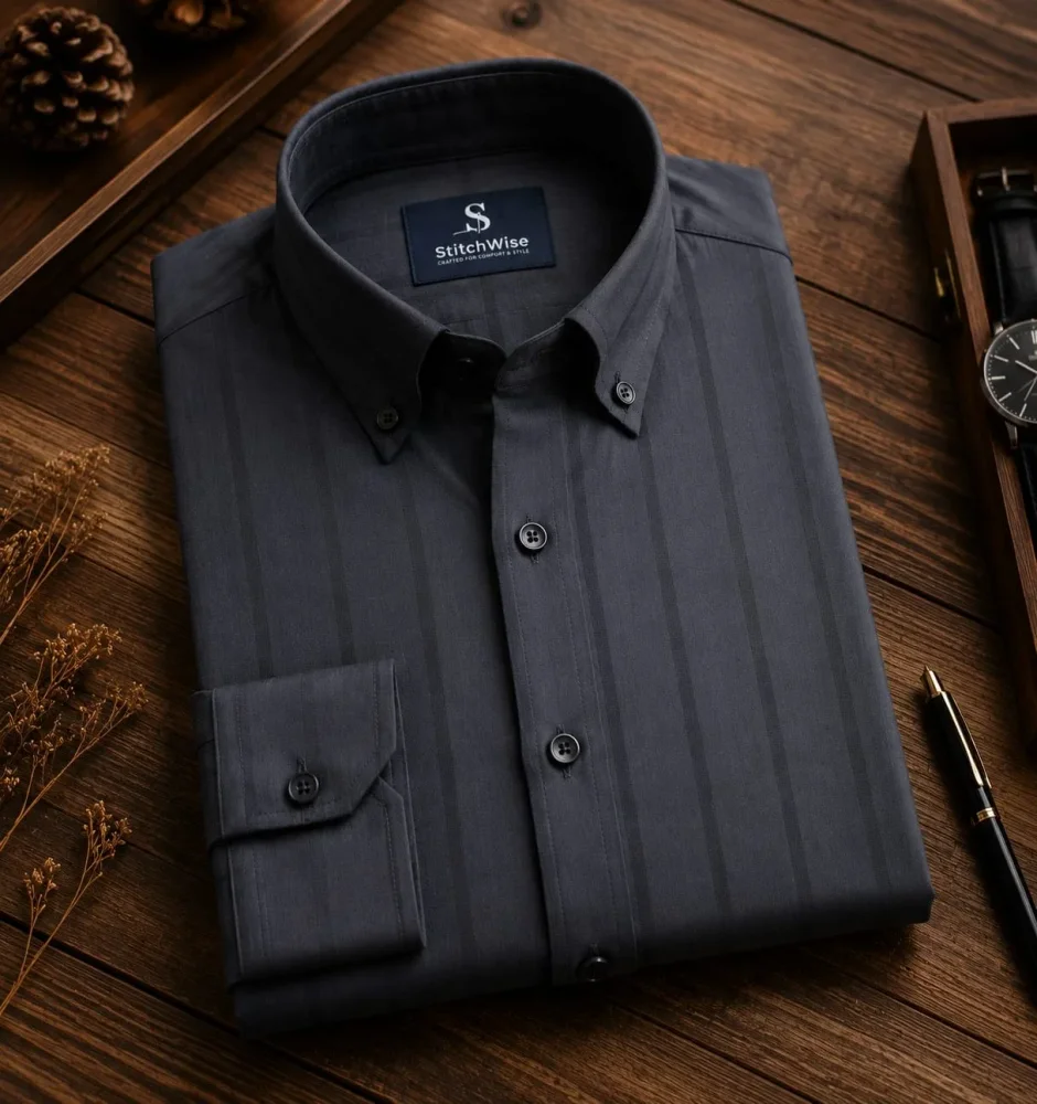 Men's Charcoal Grey Textured Stripe Formal Shirt - Textiles & Apparel by Paloma Casual