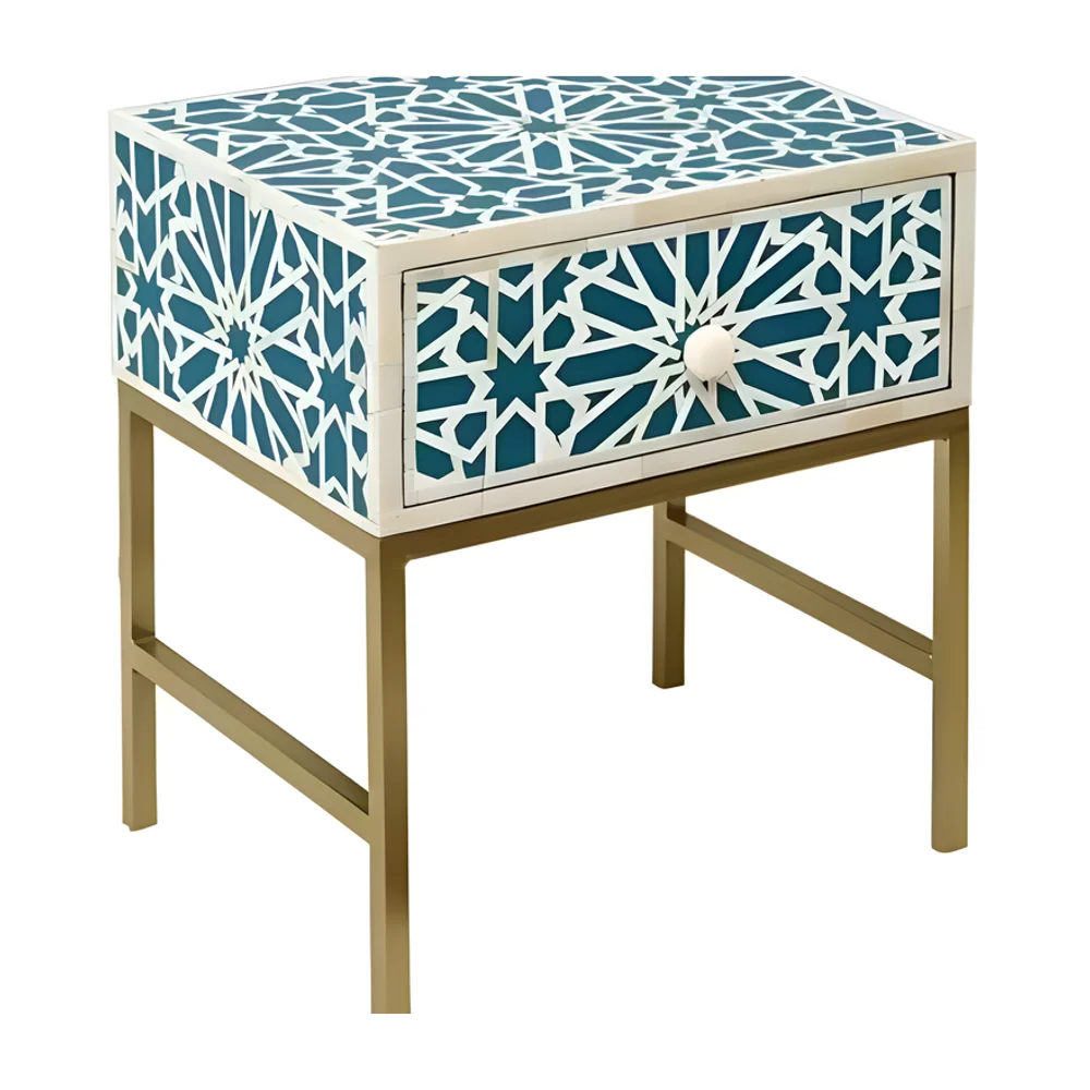 Blue Bone Inlay Nightstand with Gold Metal Legs - Furniture & Interiors by Razvi Exports