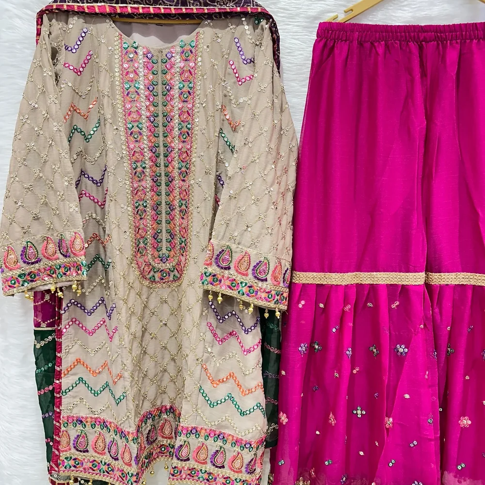 Heavily Embroidered Raga Chiffon Wedding Kameez Dupatta with Chiffon Silk Gharara - Textiles & Apparel by Ayzel Pvt. Ltd.