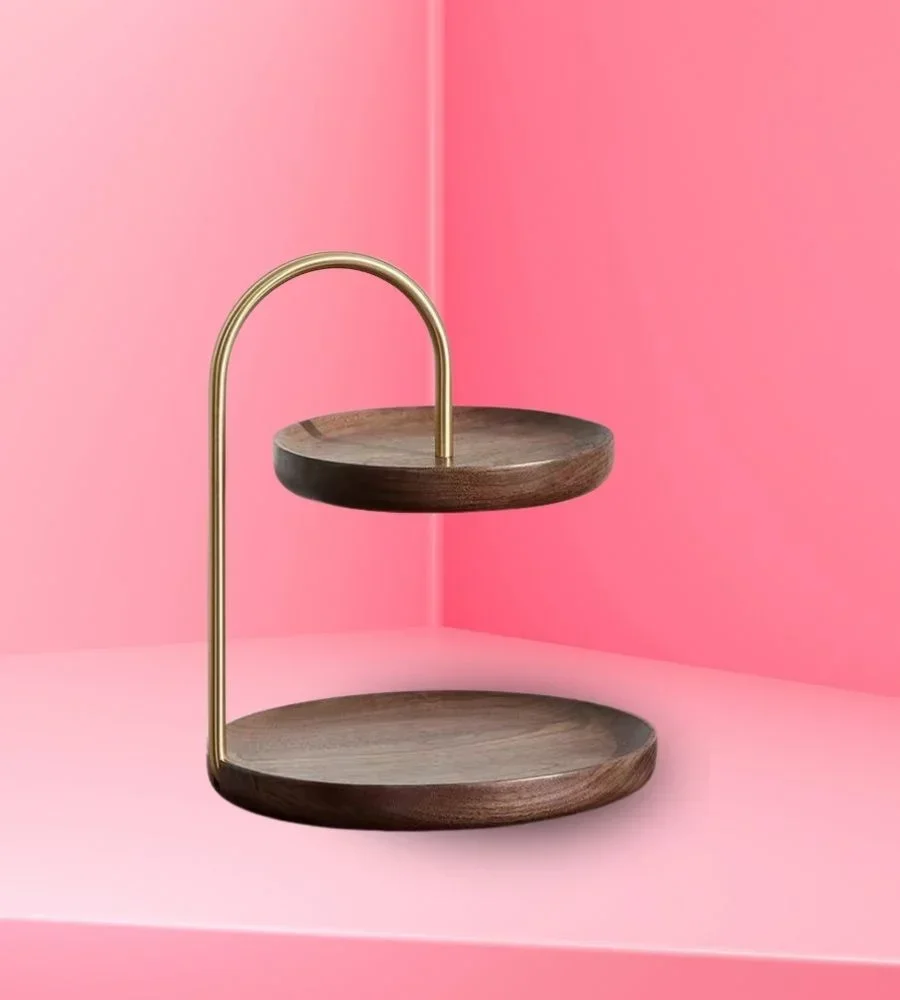 Two-Tier Acacia Wood Serving Stand with Metal Accents - Home & Kitchen by Razvi Exports