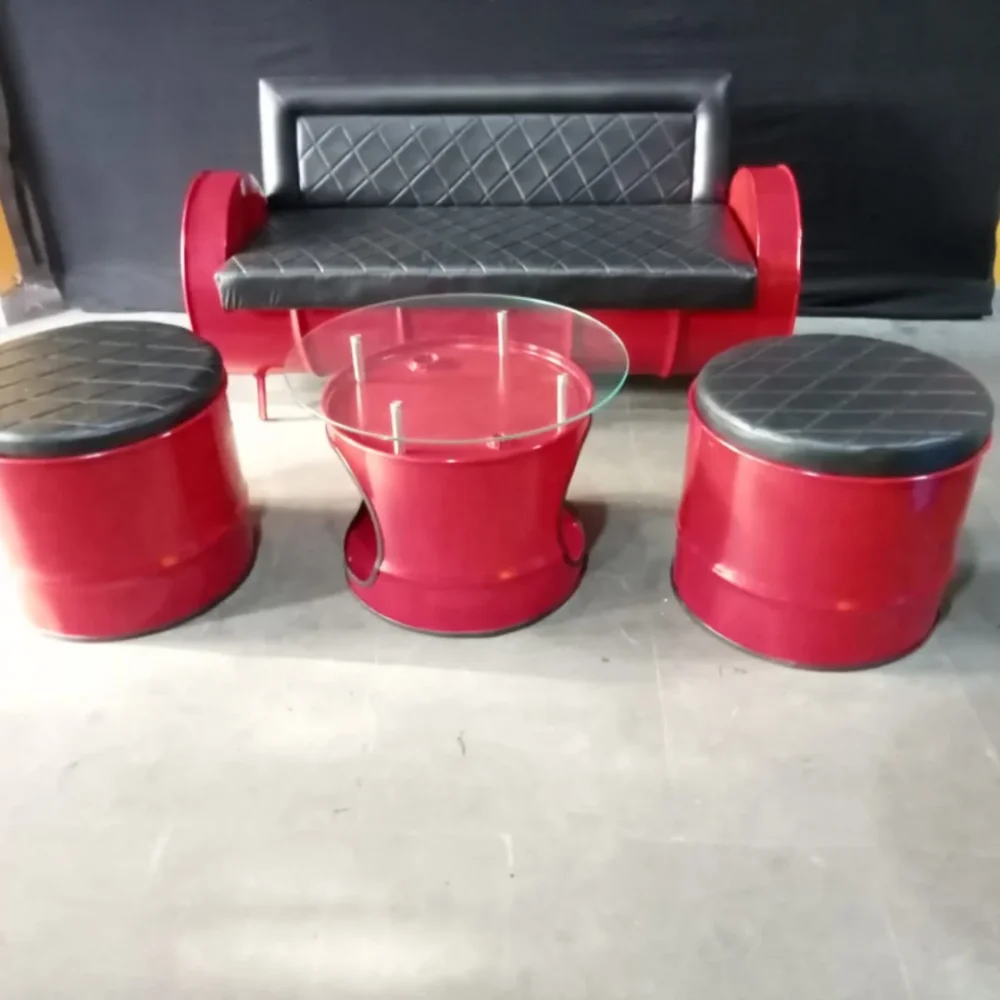 Barrel 3 Seater Sofa Set with Leather Upholstery, 2 Stools & Table - Furniture & Interiors by Upcycle Furnishing India