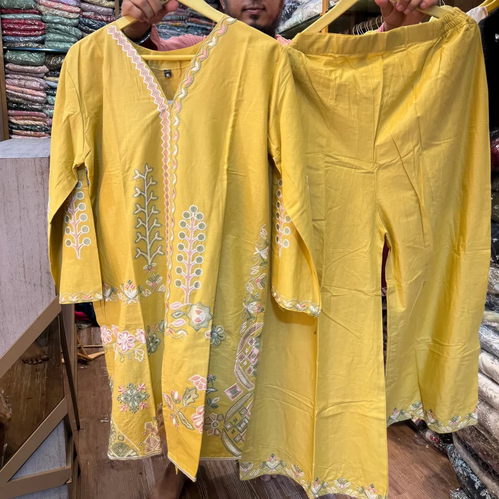 Yellow Embroidered Cotton Cord Set - Textiles & Apparel by Ayzel Pvt. Ltd.