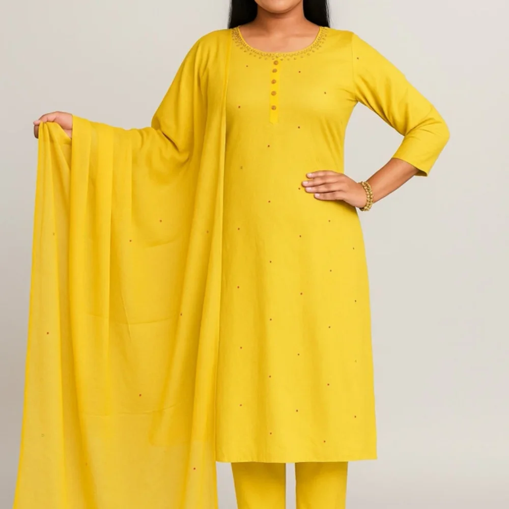 Jaipuri Yellow Cotton Kurti Pant Dupatta Set – Ethnic Suit for Women Online in India - Textiles & Apparel by Shriex Enterprises
