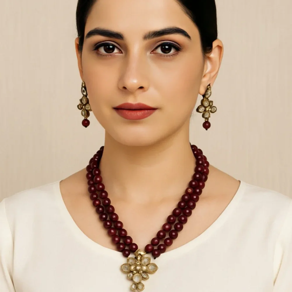 Maroon Beaded Kundan Necklace & Earrings Set for Women - Gems & Jewelry by Shriex Enterprises