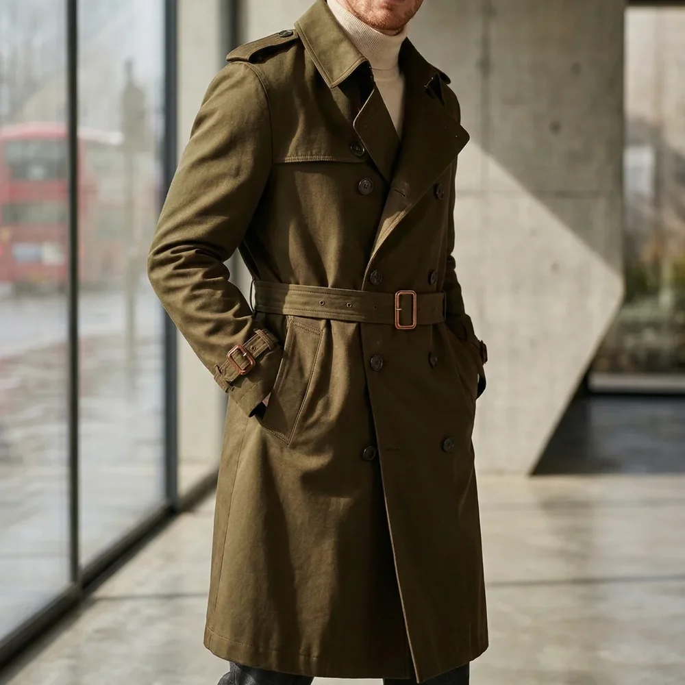 Men's Olive Green Cotton-Blend Twill Trench Coat - Textiles & Apparel by G M Apparels