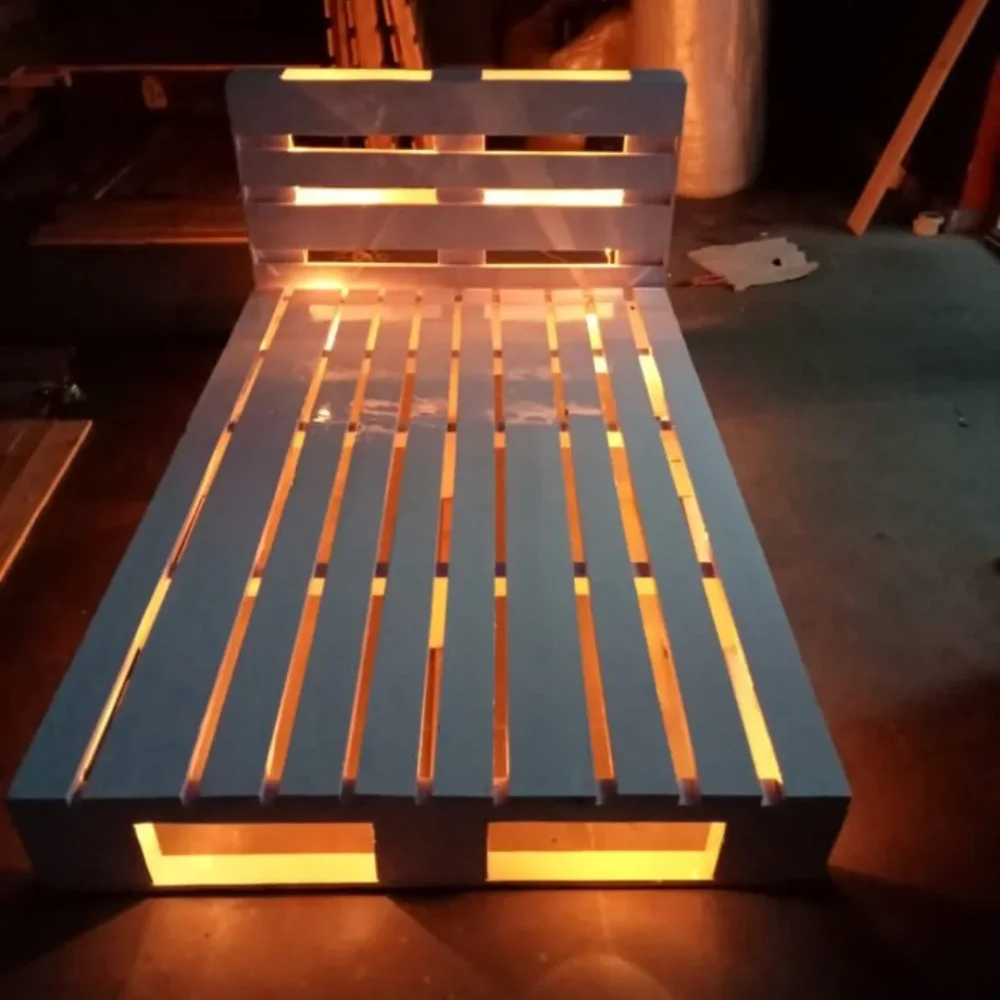 Wooden Pallet Bed Frame with LED Light, 6x3 feet - Furniture & Interiors by Upcycle Furnishing India
