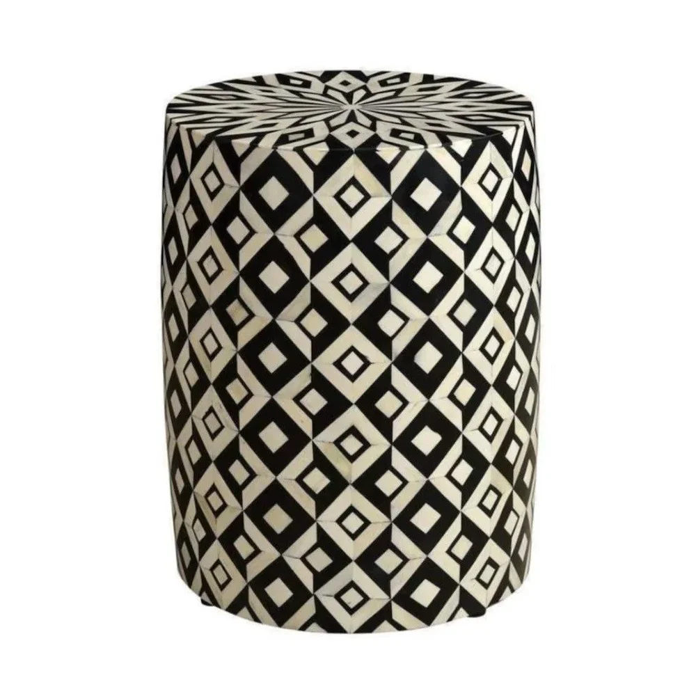 Bone Inlay Geometric Drum Side Table - Furniture & Interiors by Razvi Exports