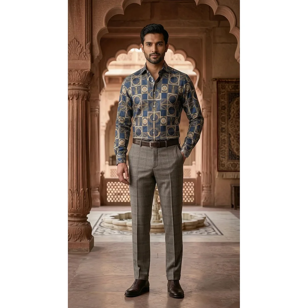 Men's Navy & Gold Art Deco Architectural Motif Tailored Fit Shirt - Textiles & Apparel by G M Apparels