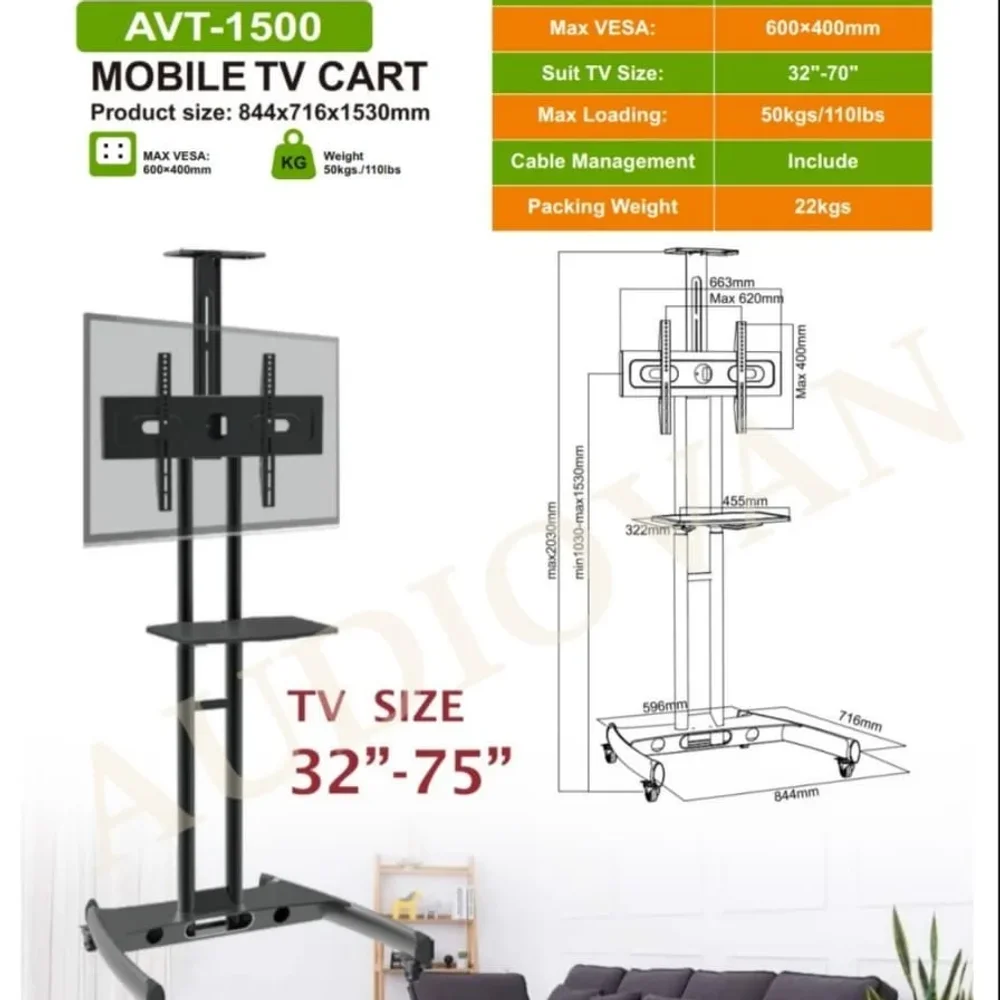 Audiovan Black Iron LCD TV Floor Stand Trolley - Furniture & Interiors by Audiovan Tech Mumbai