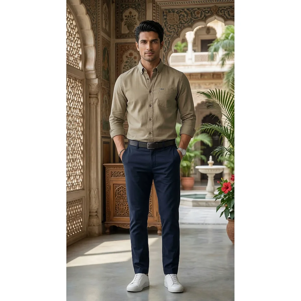 Men's Slim-Fit Khaki Cotton Button-Down Oxford Shirt - Textiles & Apparel by G M Apparels