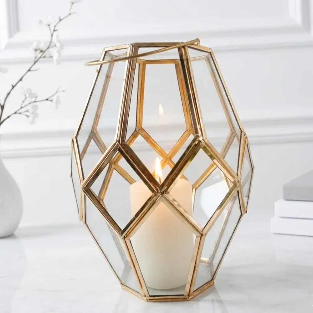Geometric Brass Glass Lanterns - Home & Kitchen by SK Handicrafts