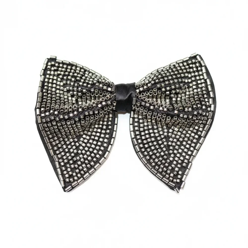 Men's Black Satin Pre-Tied Bow Tie with Silver Bead Embroidery - Textiles & Apparel by G M Apparels