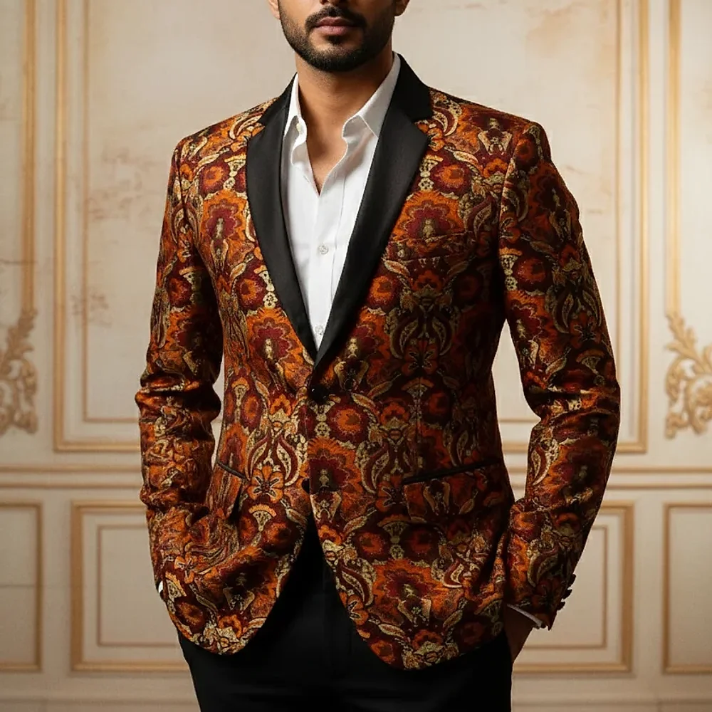 Burnt Orange Slim Fit Brocade Tuxedo Blazer - Textiles & Apparel by G M Apparels