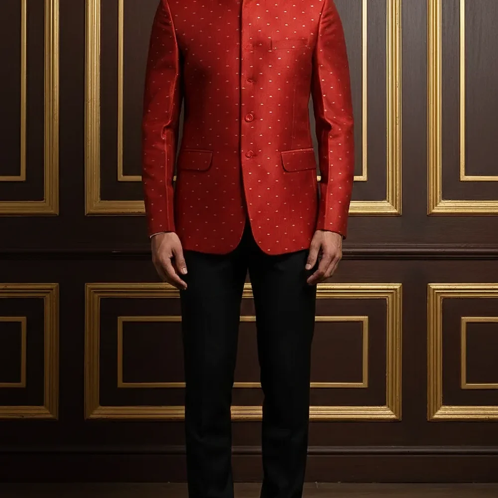 Slim Fit Red Jacquard Silk Jodhpuri Suit Jacket with Mandarin Collar - Textiles & Apparel by G M Apparels