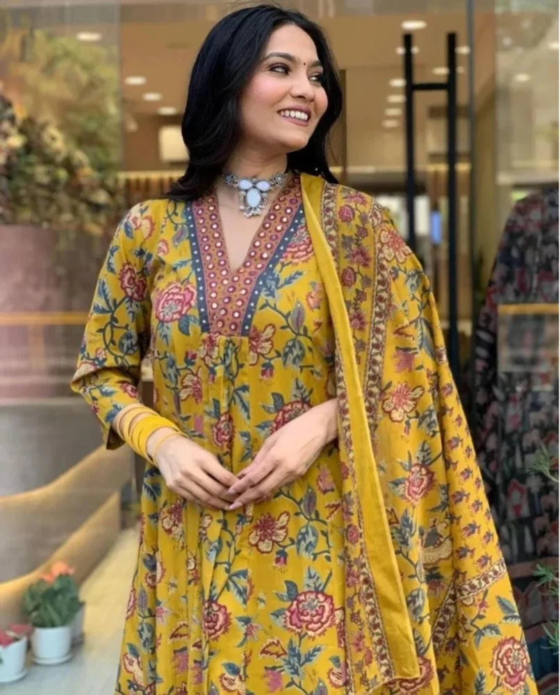 Mustard Yellow Floral Printed Kurta Set - Textiles & Apparel by Manza Lifestyle LLP