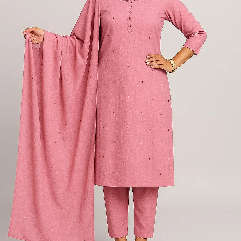 Pink Cotton Flex 3-Piece Kurti Pant Dupatta Set - Textiles & Apparel by Shriex Enterprises