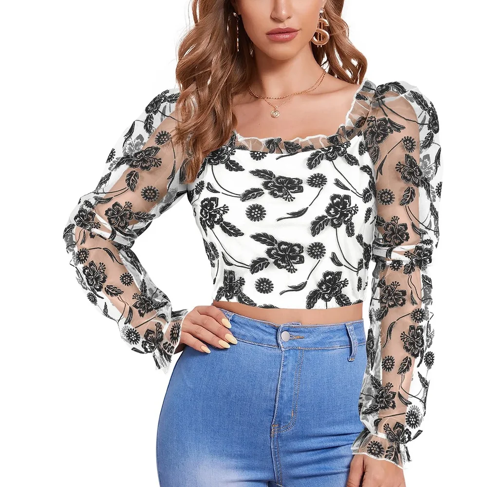 White Full Sleeve Square Neck Crop Top - Textiles & Apparel by Cara Exim