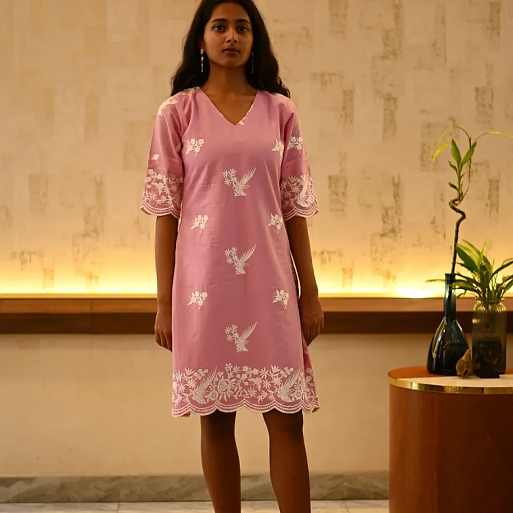 Cotton Embroidered Shift Dress with V-Neck - Textiles & Apparel by Ivaayaa