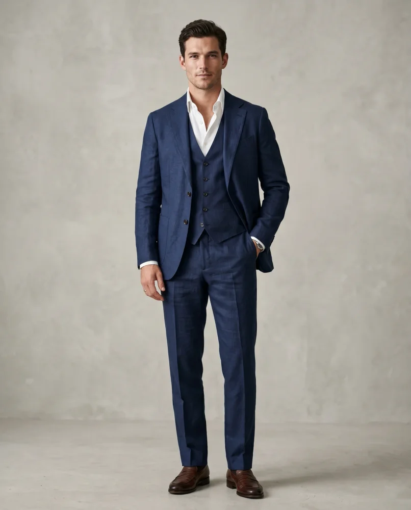 Men's Slim Fit Navy Blue Blended Linen 3-Piece Suit - Textiles & Apparel by G M Apparels