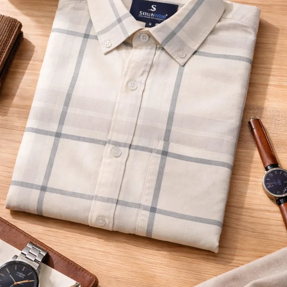 Windowpane Check Button-Down Collar Shirt - Textiles & Apparel by Paloma Casual