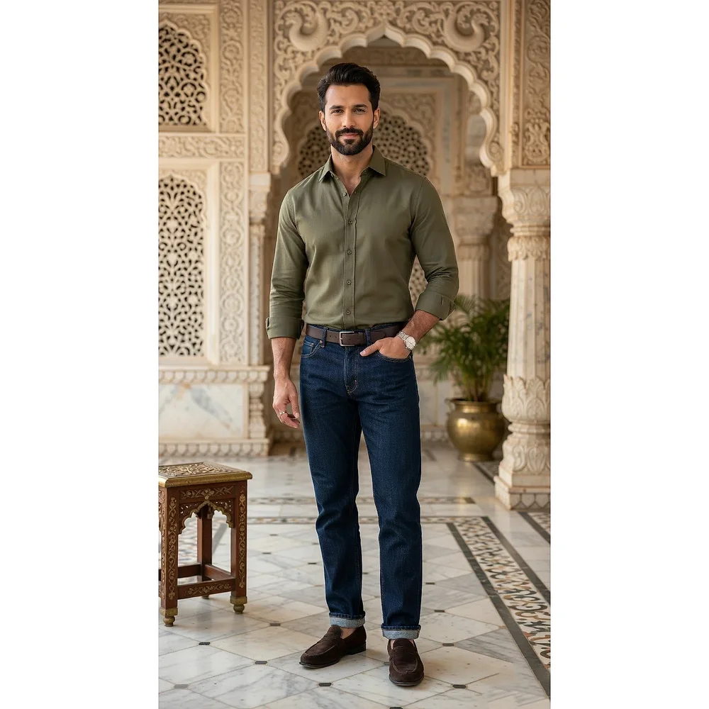 Men's Olive Drab Linen-Blend Button-Down Shirt - Textiles & Apparel by G M Apparels