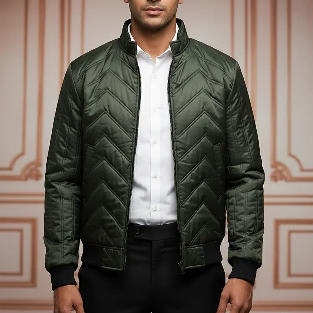 Olive Green Chevron Quilted Bomber Jacket - Textiles & Apparel by G M Apparels