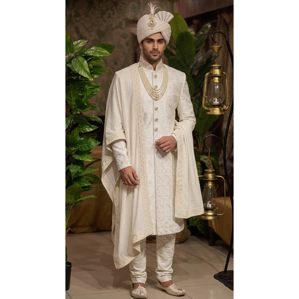 Ivory Silk Embroidered Sherwani Set with Stole - Textiles & Apparel by G M Apparels