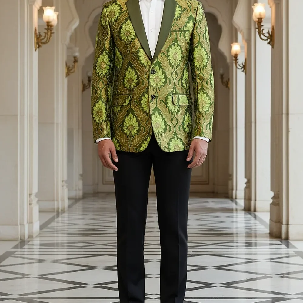 Olive Green Floral Jacquard Shawl Lapel Tuxedo Blazer - Textiles & Apparel by G M Apparels