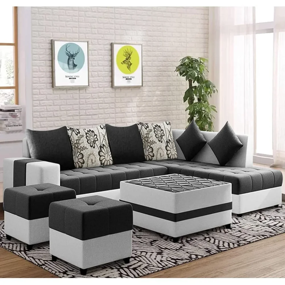 8 Seater Fabric L-Shape Sofa Set, Dark Grey-Light Grey - Furniture & Interiors by Upcycle Furnishing India