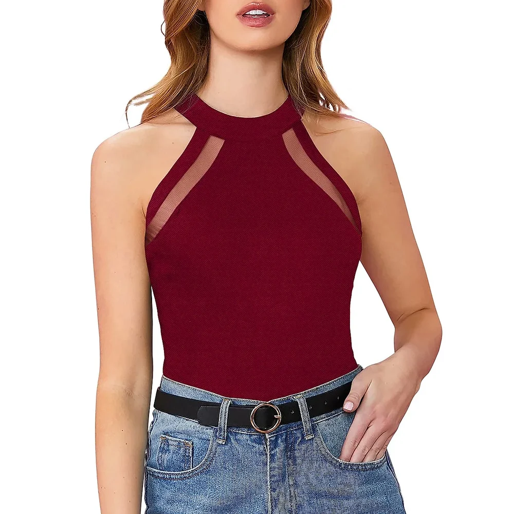 Maroon Halter Neck Sleeveless T-Shirt - Textiles & Apparel by Cara Exim