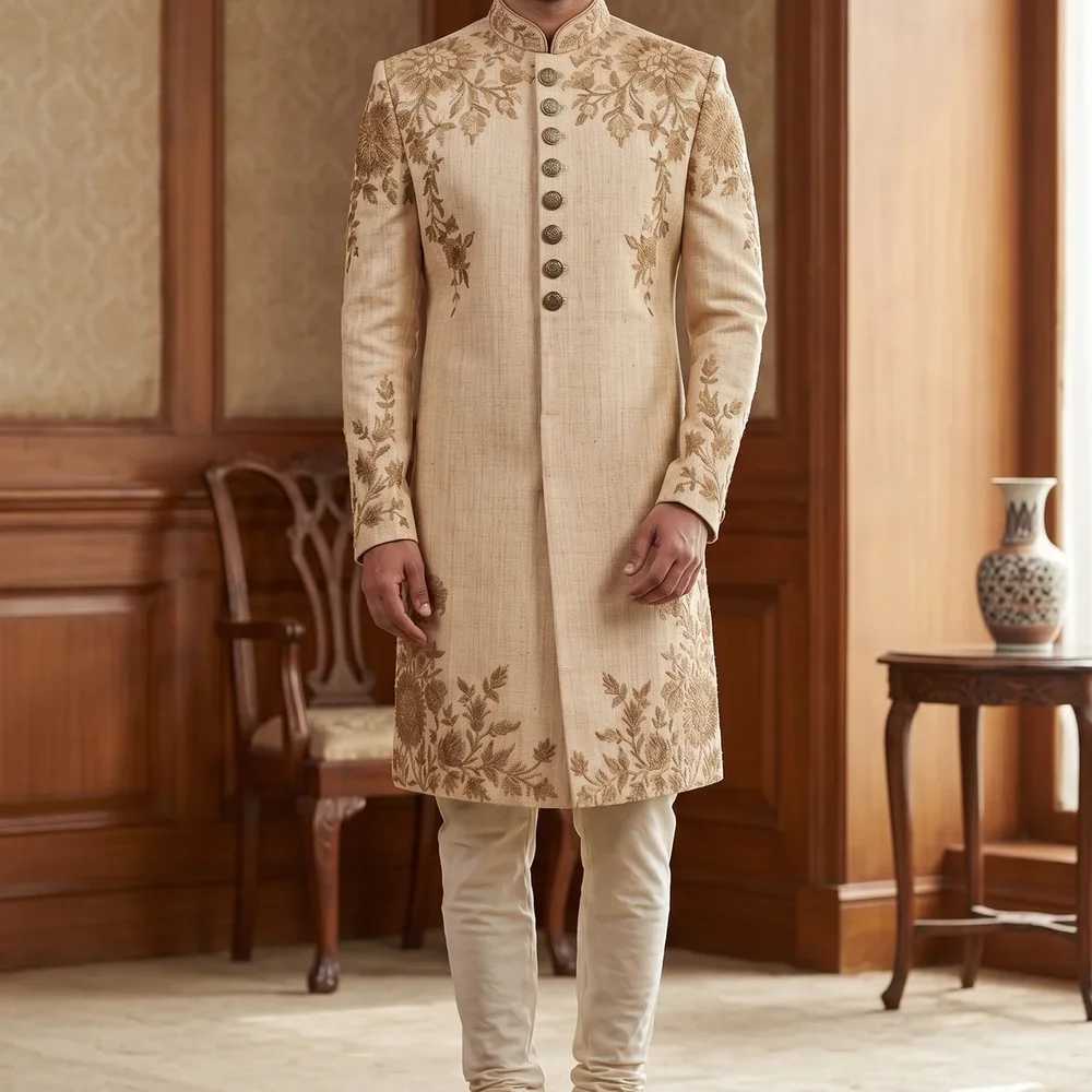 Beige Embroidered Sherwani for Men - Textiles & Apparel by G M Apparels