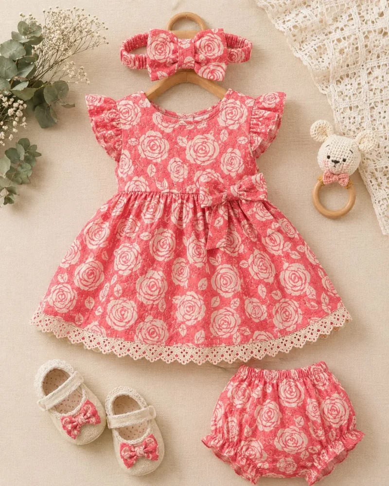 Coral-Pink Cotton Frock & Bloomer Set With Headband - Textiles & Apparel by Padmavathi Business Store