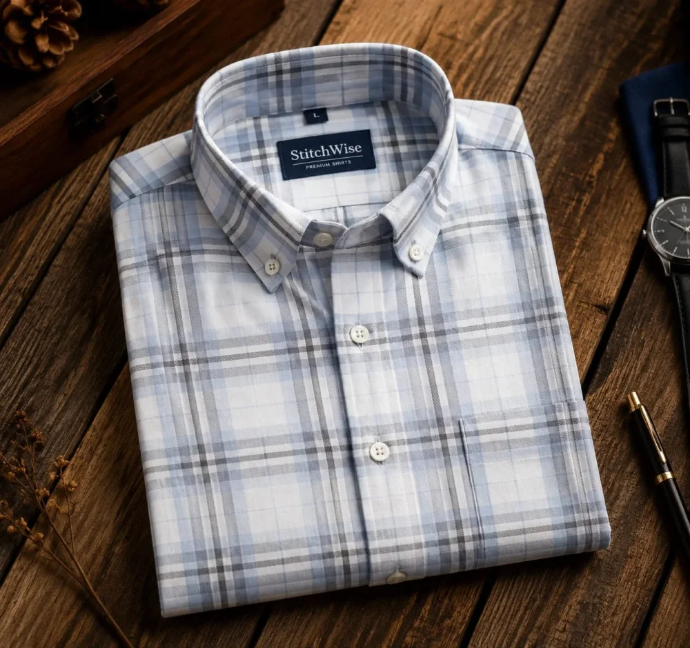 Sky Blue & Grey Plaid Check Button-Down Shirt - Textiles & Apparel by Paloma Casual