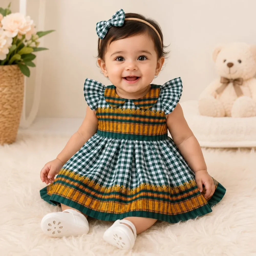 Cotton Blend Gingham Baby Frock with Headband - Textiles & Apparel by Padmavathi Business Store