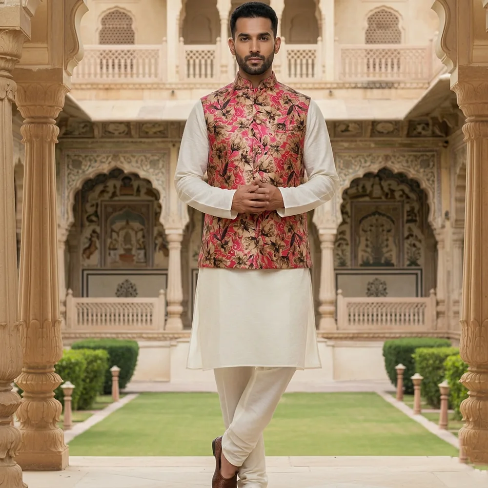 Men's Ivory Blended Fabric Kurta Pajama Set with Mandarin Collar Nehru Jacket - Textiles & Apparel by G M Apparels