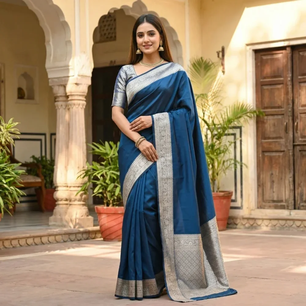 Royal Blue Banarasi Silk Saree with Zari Work - Textiles & Apparel by Premium Collections