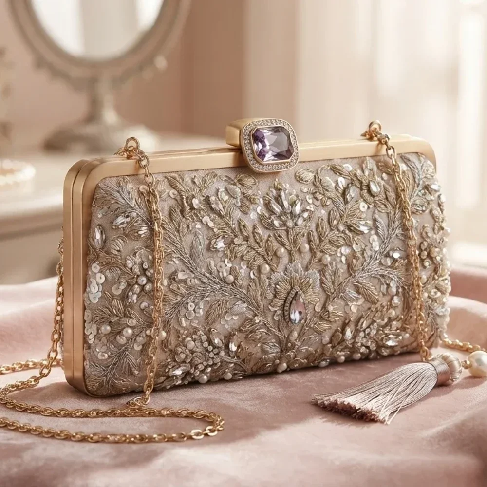 Handcrafted Luxury Clutch with Crystal Closure - Footwear, Bags & Leather Goods by Rida Fancy and Cosmetics