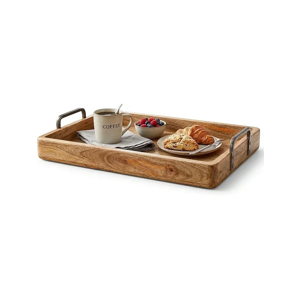 Wood Serving Tray with Attached Metal Handles - Home & Kitchen by Gitanshi Handicraft
