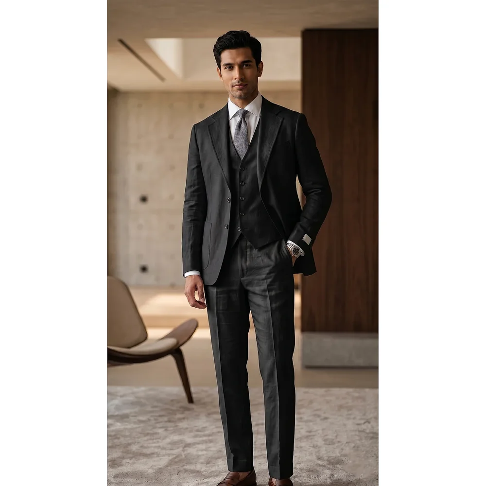 XXXL Dark Charcoal Grey Slim Fit Three-Piece Blended Linen Suit - Textiles & Apparel by G M Apparels