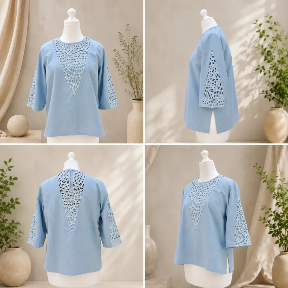 Sky Blue Women's Top with Handcrafted Crochet Lace - Textiles & Apparel by Twenty Threads