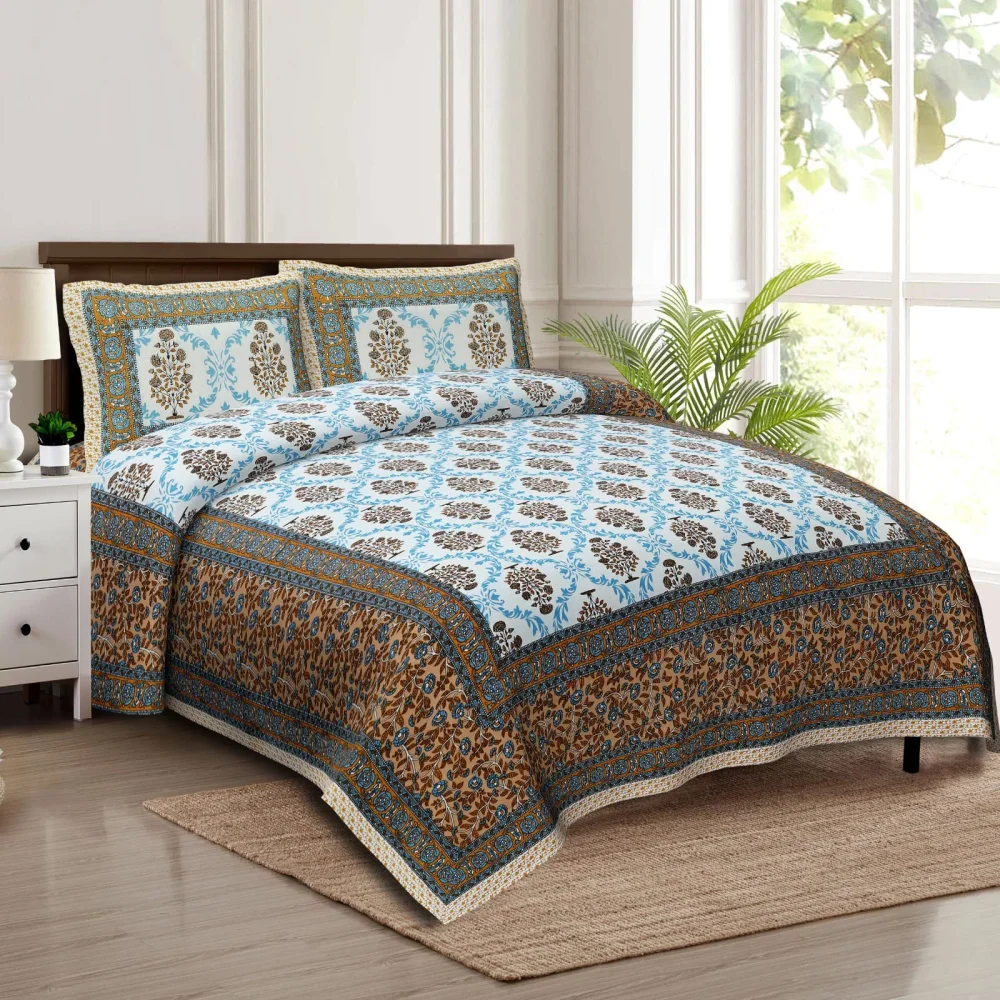 Jaipuri Blue Tree Motif Cotton Double Bedsheet 90x108 Inch with Ethnic Border - Textiles & Apparel by Shriex Enterprises
